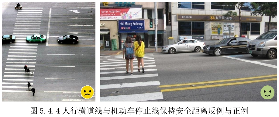 图5.4.4人行横道线与机动车停止线保持安全距离反例与正例