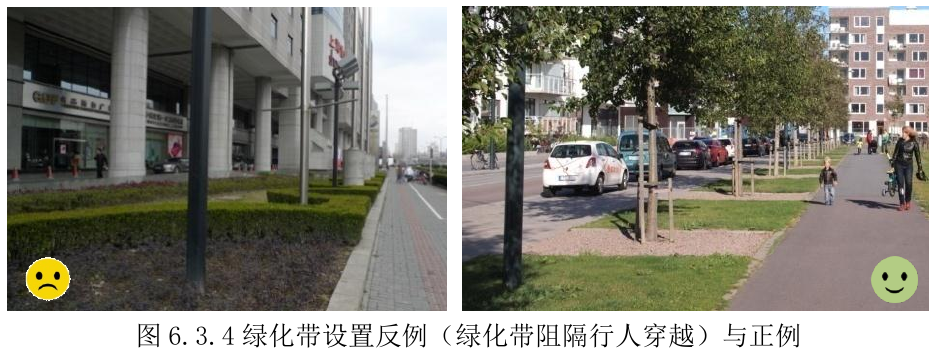 图6.3.4绿化带设置反例（绿化带阻隔行人穿越）与正例
