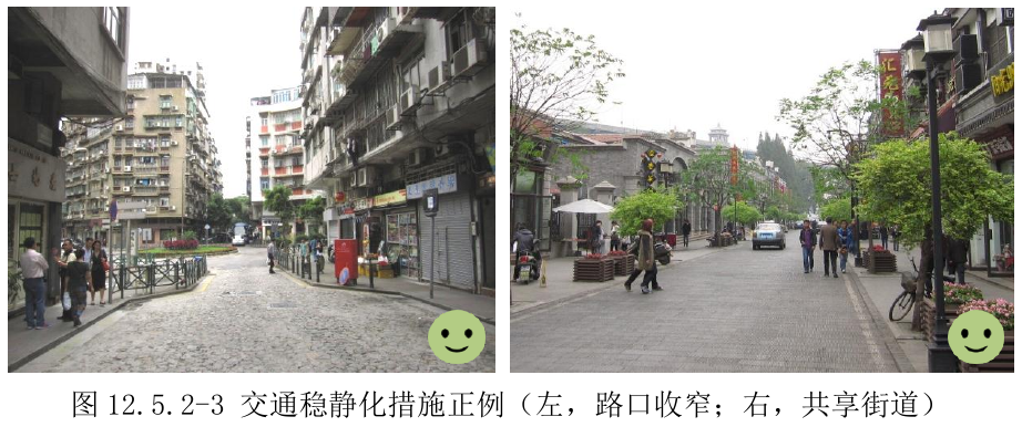 图12.5.2-3 交通稳静化措施正例（左，路口收窄；右，共享街道）