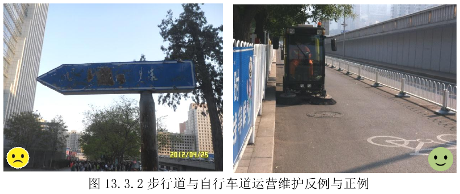 图13.3.2 步行道与自行车道运营维护反例与正例