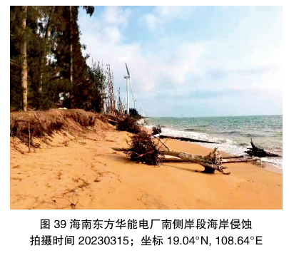 图39 海南东方华能电厂南侧岸段海岸侵蚀；保留现场照片、拍摄时间20230315及坐标19.04°N、108.64°E